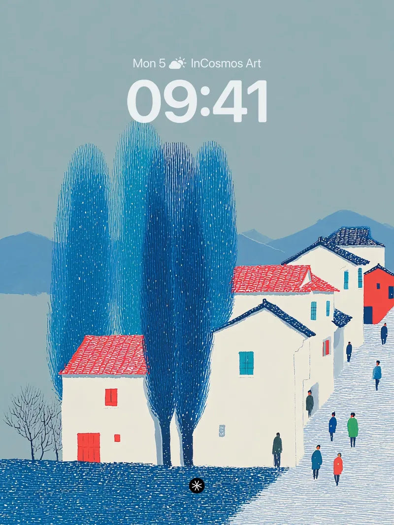 Serene Village Lane Wallpaper with Blue Trees