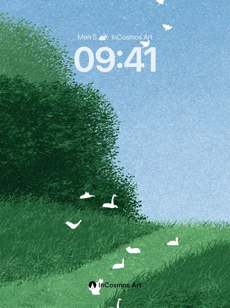 Serene Grove Wallpaper with Floating Geese wallpaper for iPhone, iPad & Mac