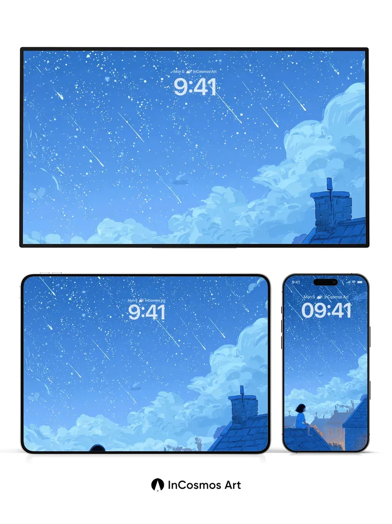 Starry Reverie Wallpaper with Rooftop Solitude