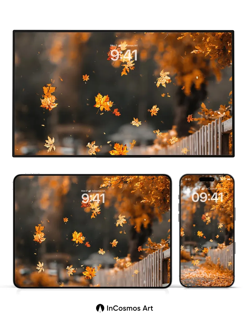 Autumn Whispers Wallpaper with Floating Leaves