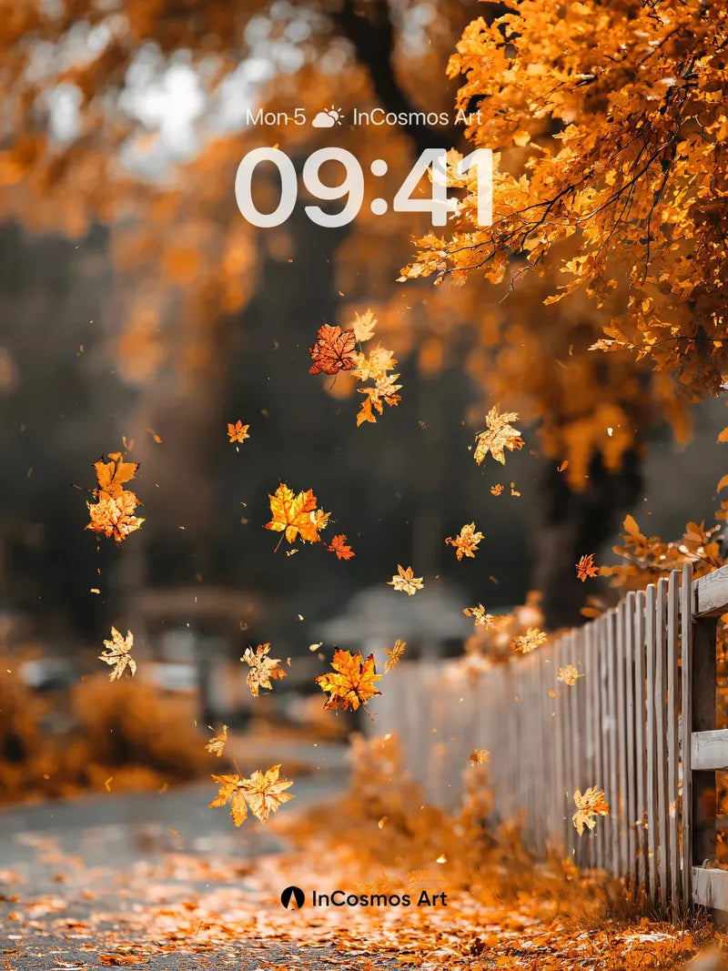 Autumn Whispers Wallpaper with Floating Leaves