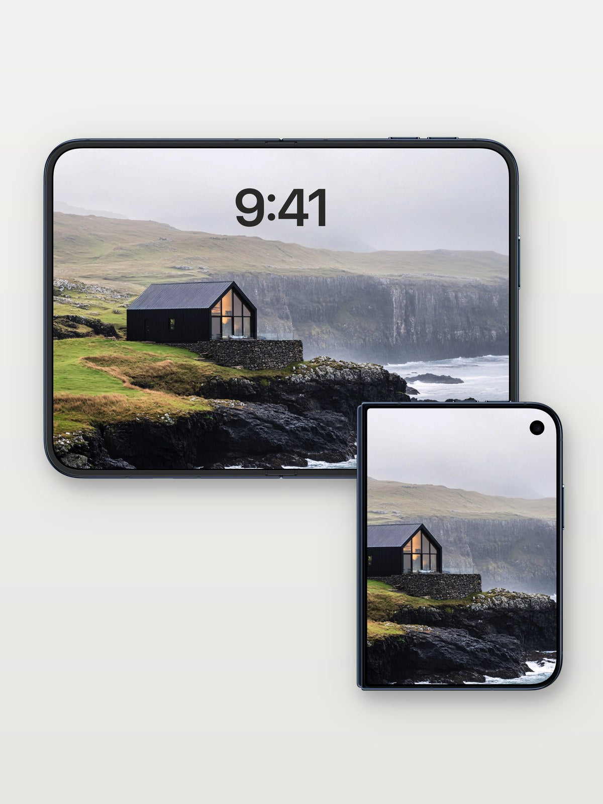 Serenity Cove Wallpaper with Stone Embrace on iPhone Duo, open and closed