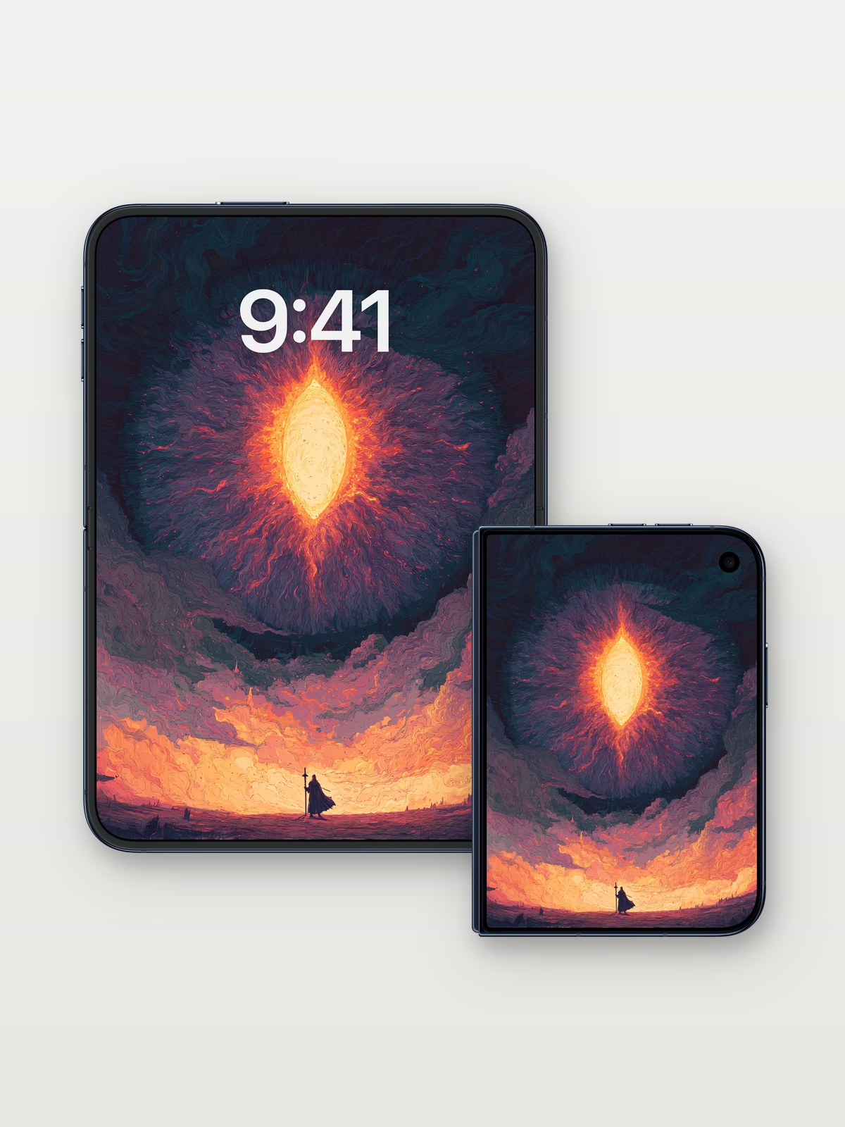 Eternal Eye Wallpaper with Fiery Veil on iPhone Duo, open and closed