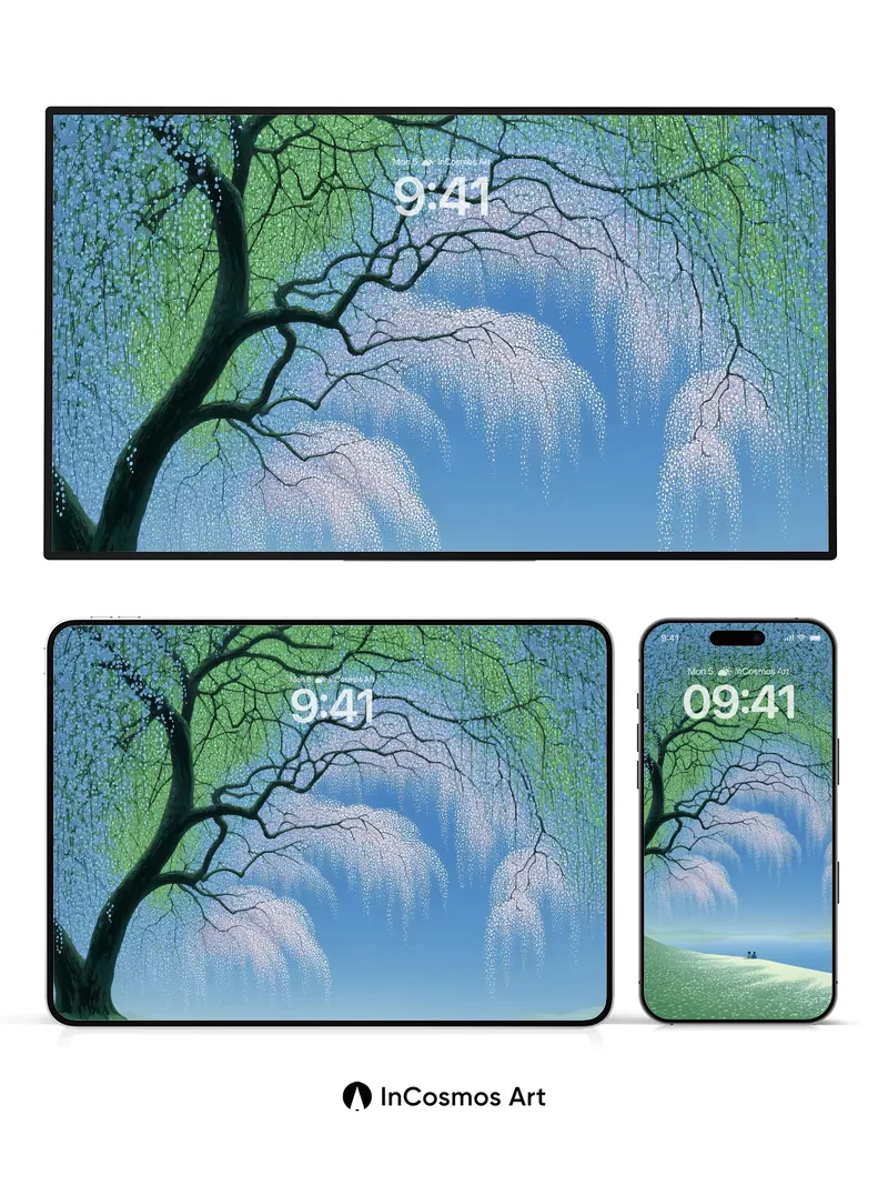 Serenity Weeping Tree Wallpaper with Misty Horizon