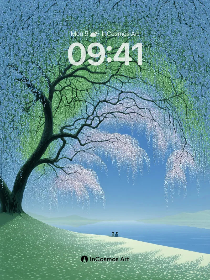 Serenity Weeping Tree Wallpaper with Misty Horizon