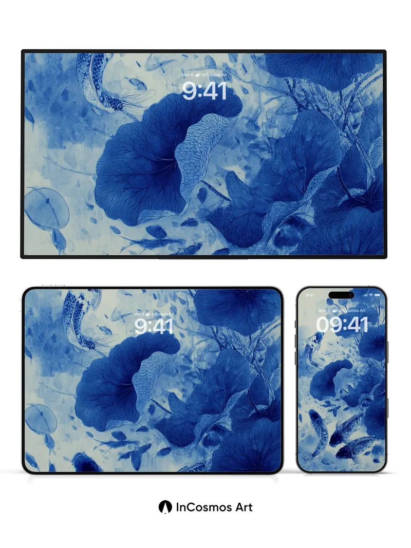 Cobalt Serenity Wallpaper with Koi and Lotus