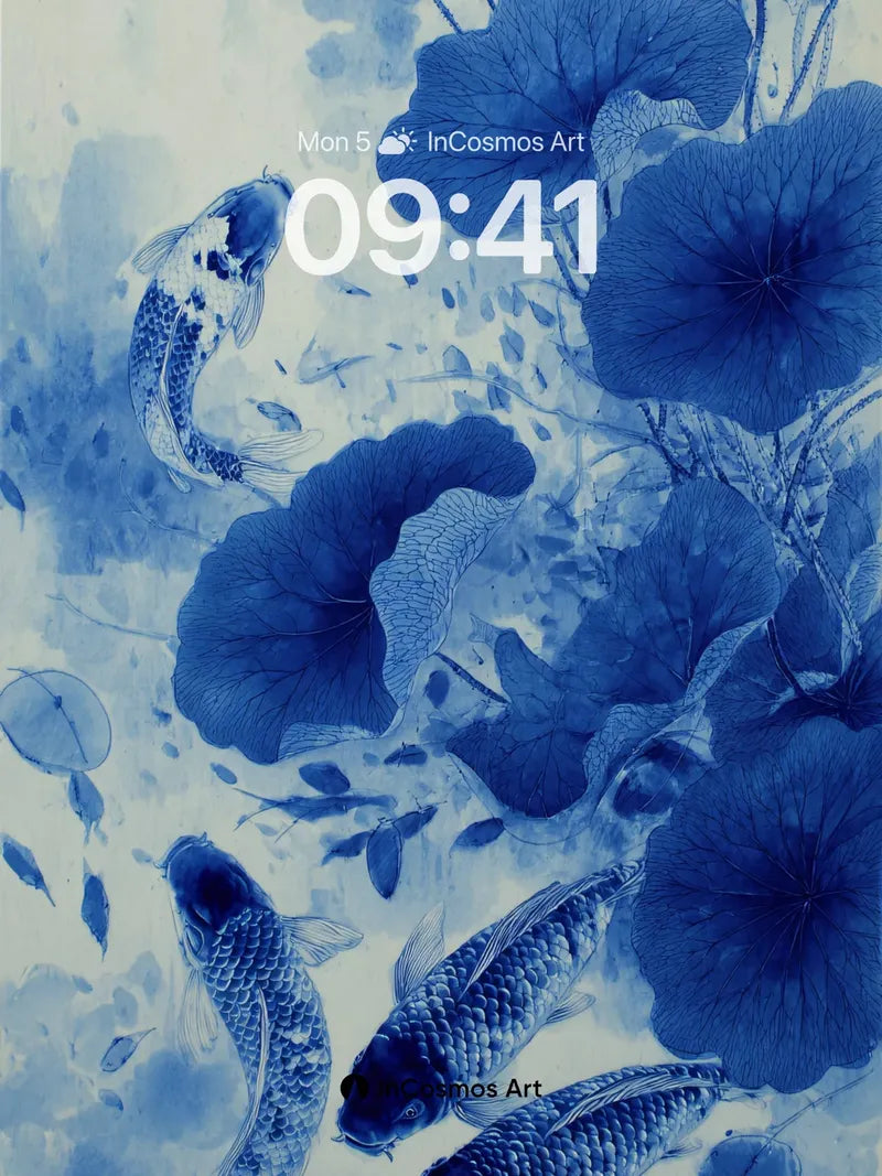 Cobalt Serenity Wallpaper with Koi and Lotus
