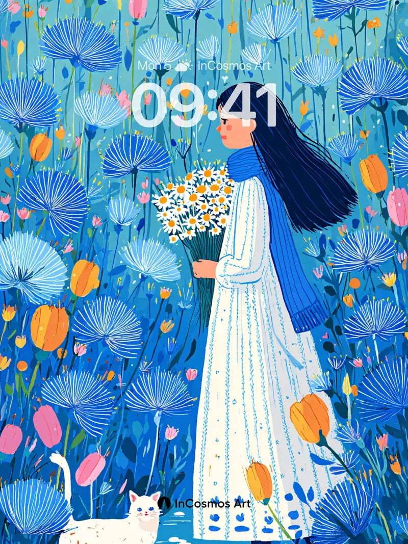 Serene Meadow Wallpaper with Whimsical Cat