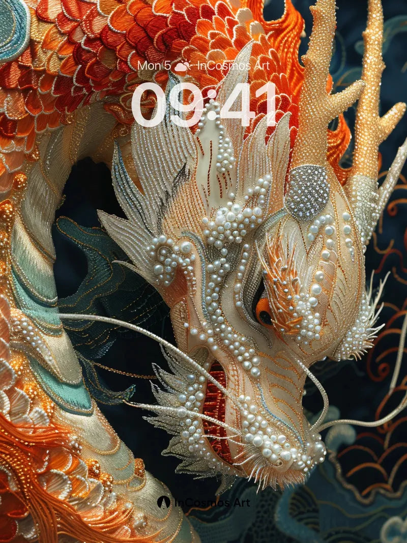 Pearl-Adorned Dragon Wallpaper with Embroidered Fire wallpaper for iPhone, iPad & Mac
