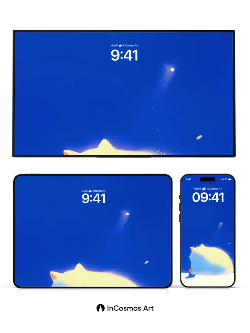 Serene Nightlight Wallpaper with Floating Cat