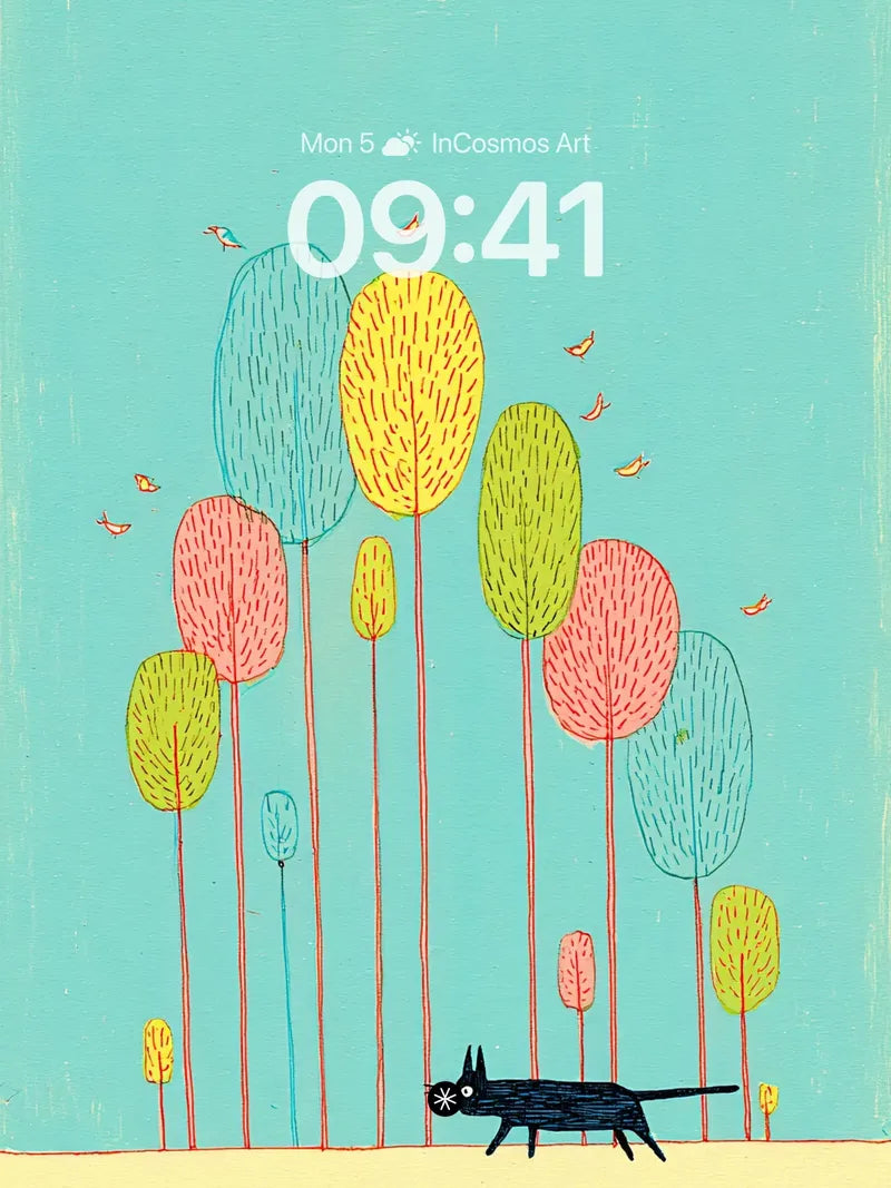 Whimsical Colorful Trees and Black Cat Wallpaper Background wallpaper for iPhone, iPad & Mac
