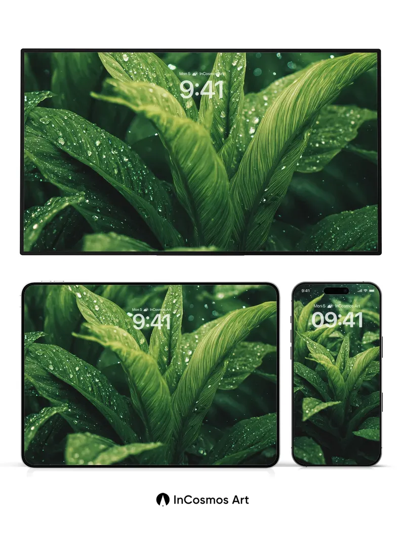 Emerald Whisper Wallpaper with Dew-Kissed Leaves