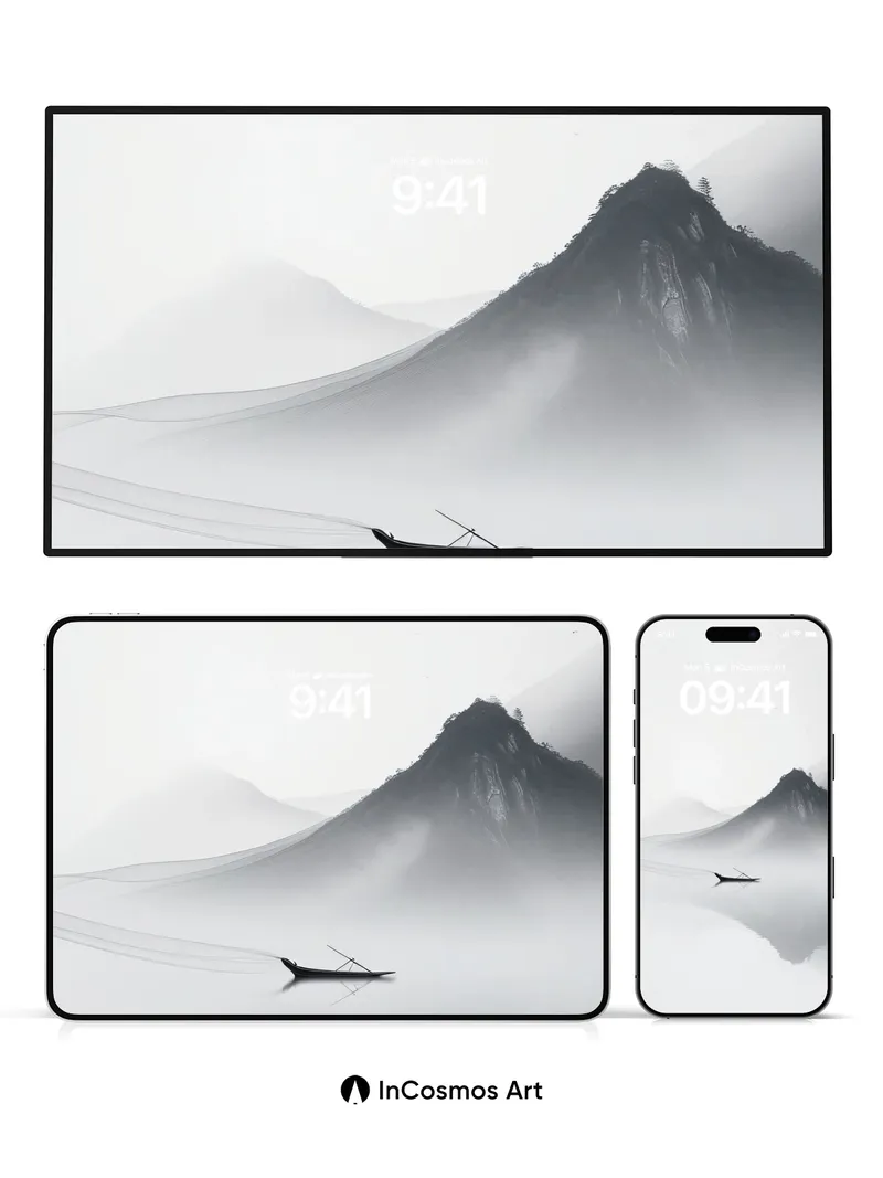 Serenity Mountain Wallpaper with Floating Boat