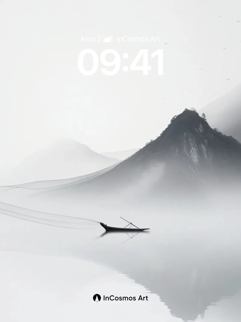 Serenity Mountain Wallpaper with Floating Boat