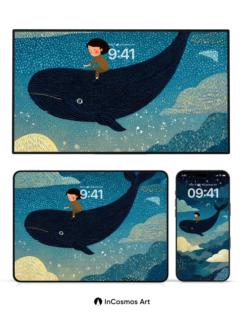 Starry Night Whale Wallpaper with Floating Clouds