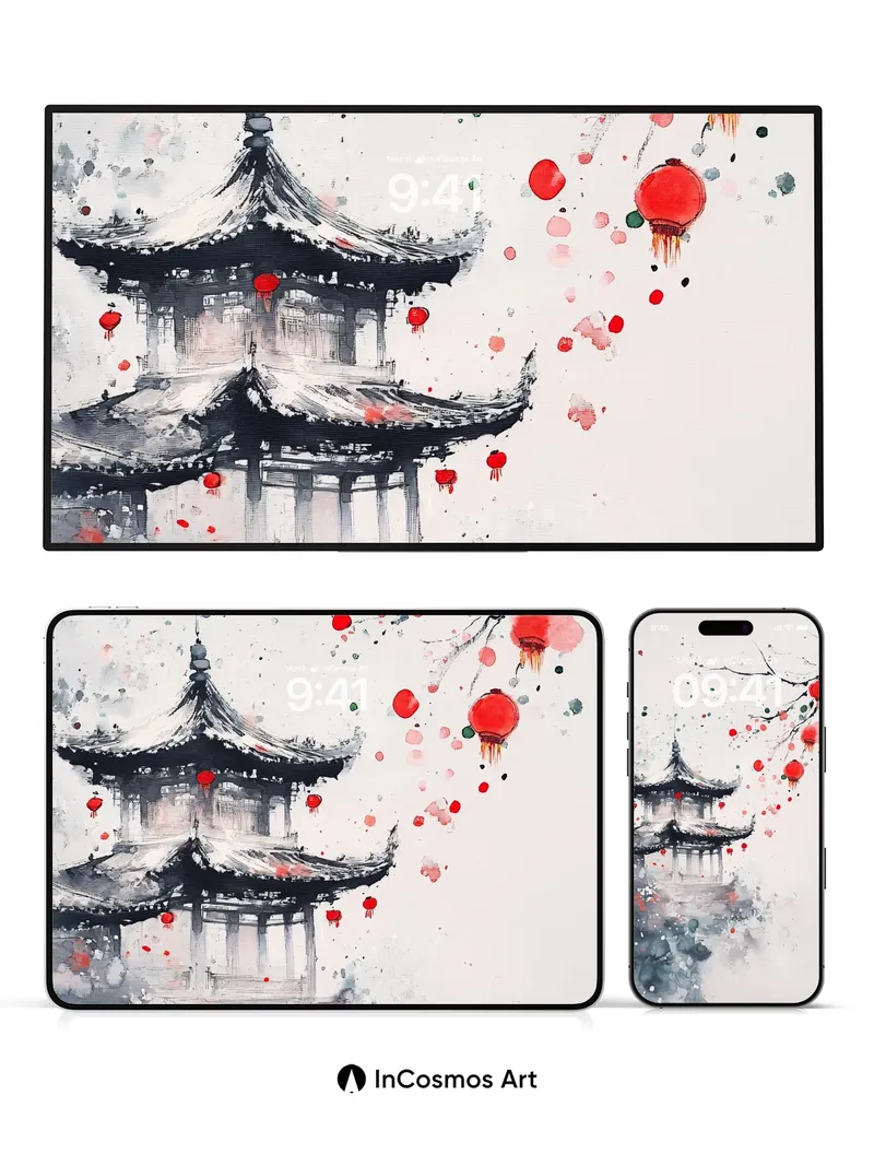 Serenity Pavilion Wallpaper with Floating Lanterns