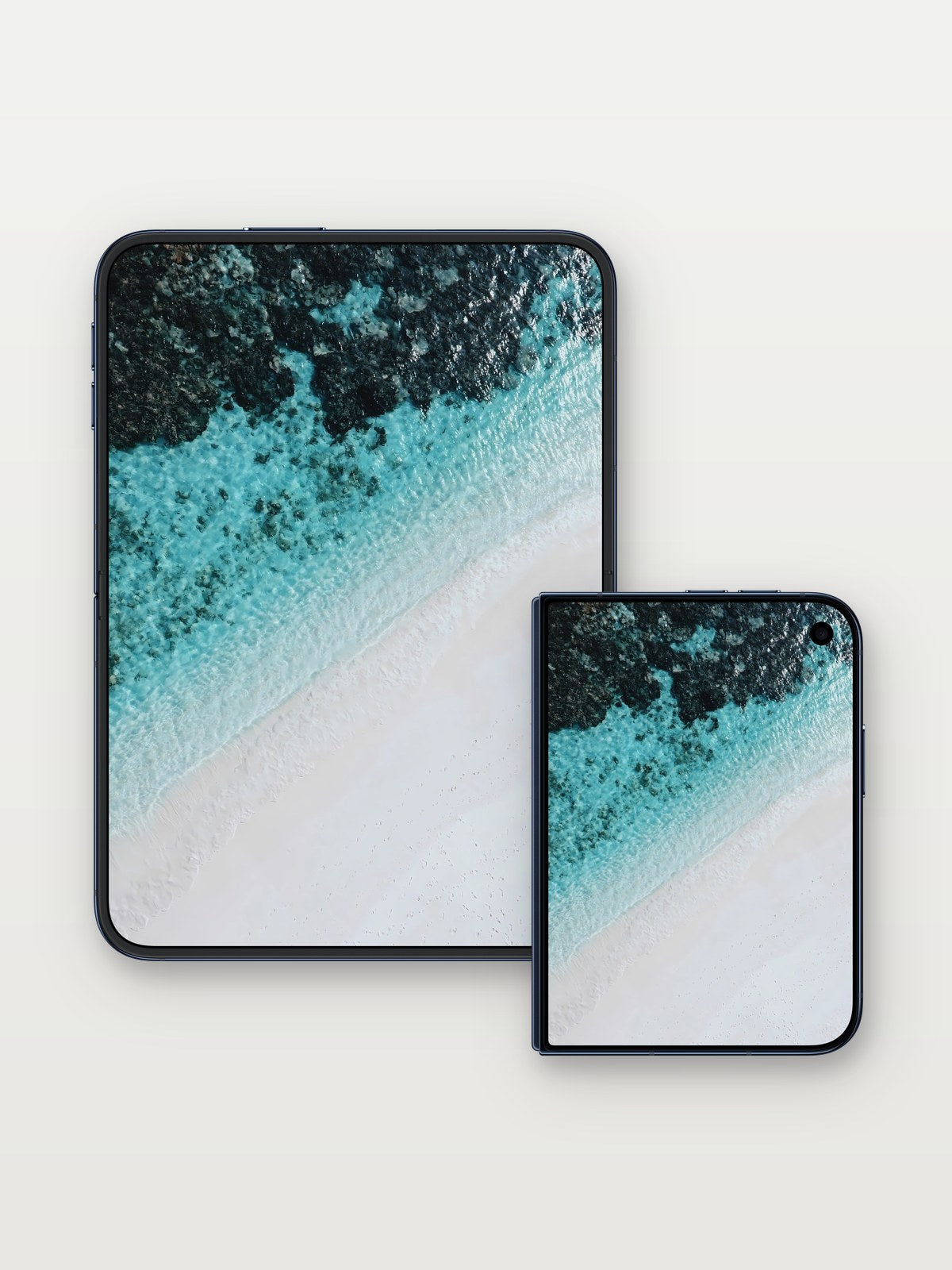 Serenity Shore Wallpaper with Turquoise Embrace on iPhone Duo, open and closed