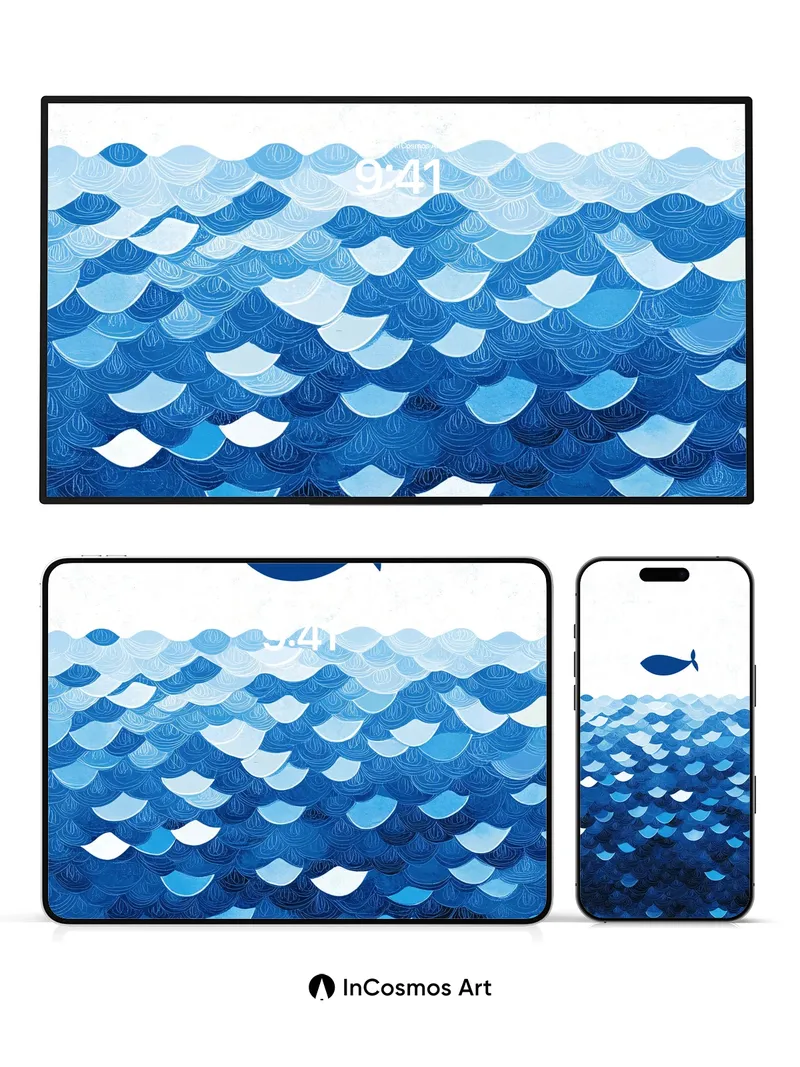 Serene Wave Pattern Wallpaper with Floating Whale