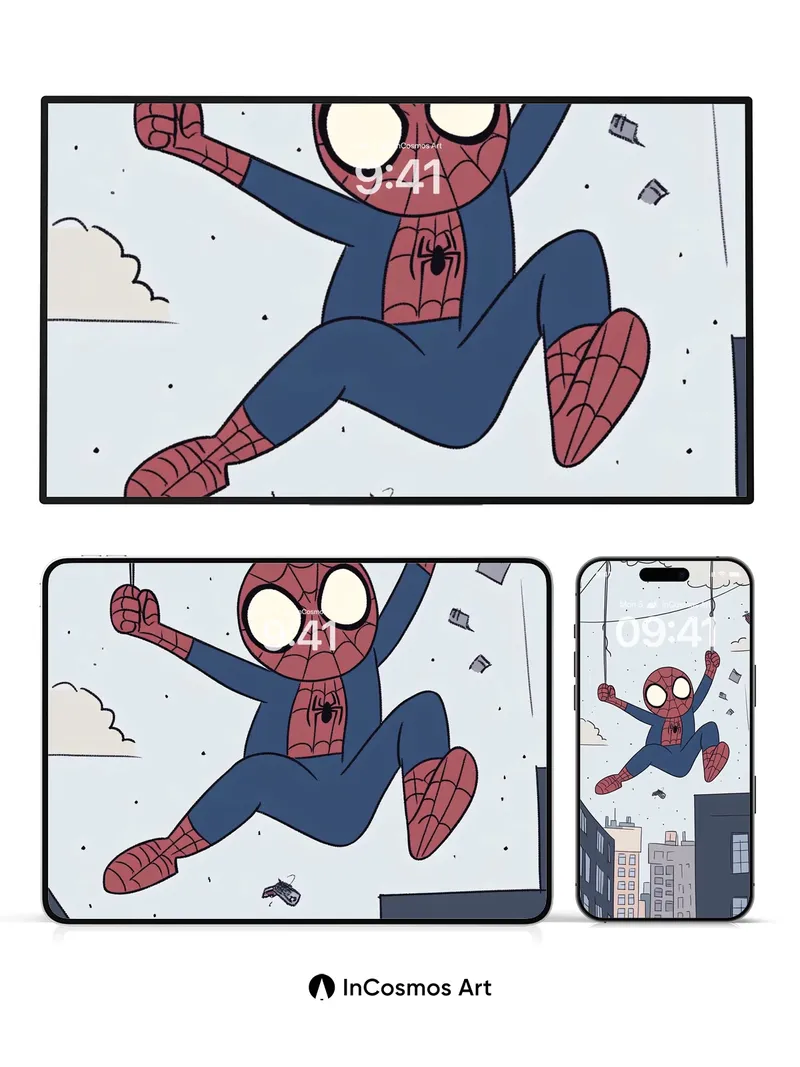 Playful Web-Swing Wallpaper with City Skyline