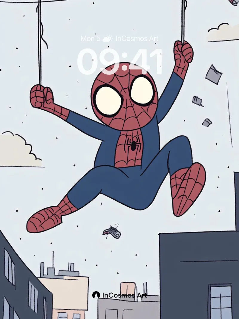 Playful Web-Swing Wallpaper with City Skyline