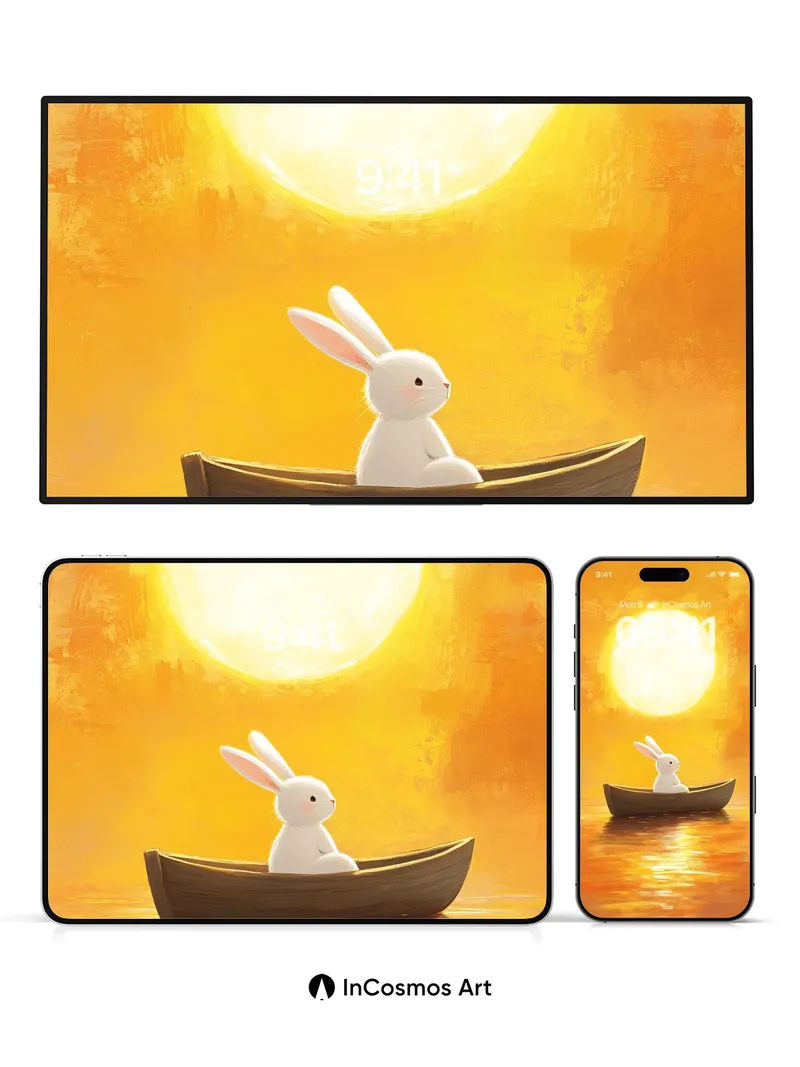 Golden Hush Wallpaper with Moonlit Rabbit