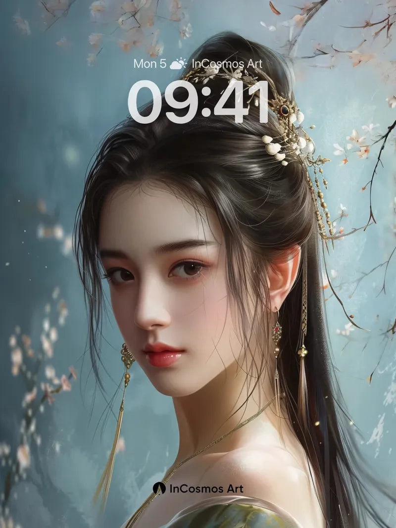 Serene Blossom Wallpaper with Pearl-Threaded Hair wallpaper for iPhone, iPad & Mac