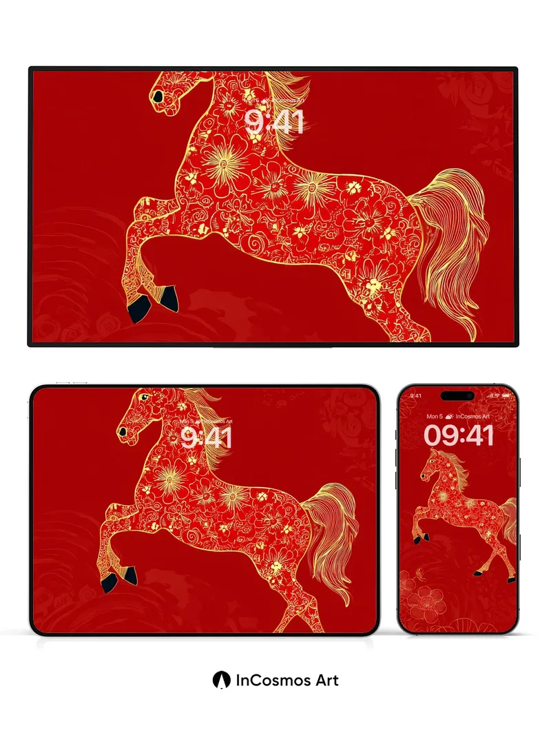 Golden Floral Horse Wallpaper with Red Velvet Depth