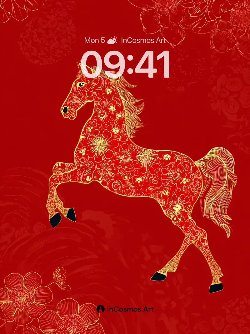 Golden Floral Horse Wallpaper with Red Velvet Depth