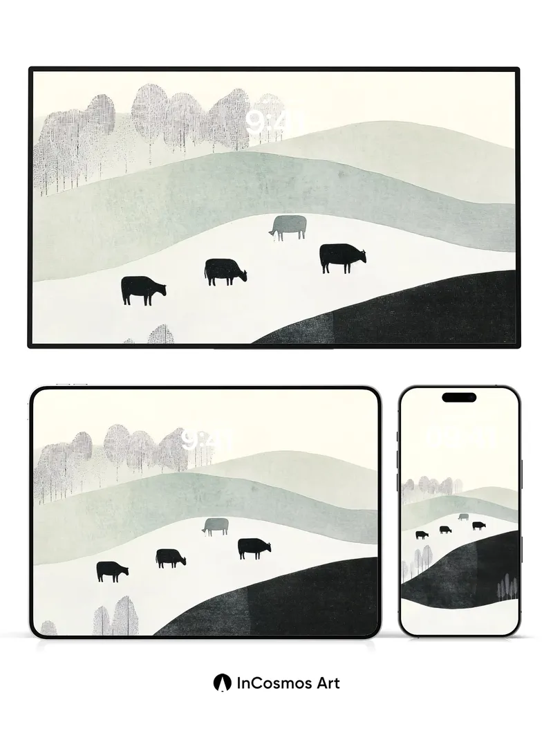 Silent Pasture Wallpaper with Inked Cows