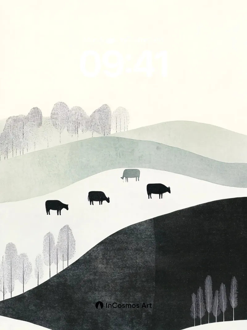 Silent Pasture Wallpaper with Inked Cows