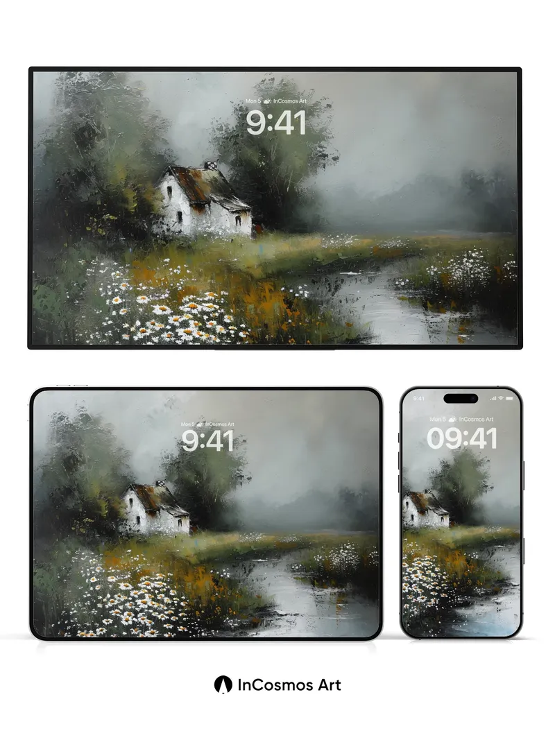 Misty Haven Wallpaper with Daisy Fields