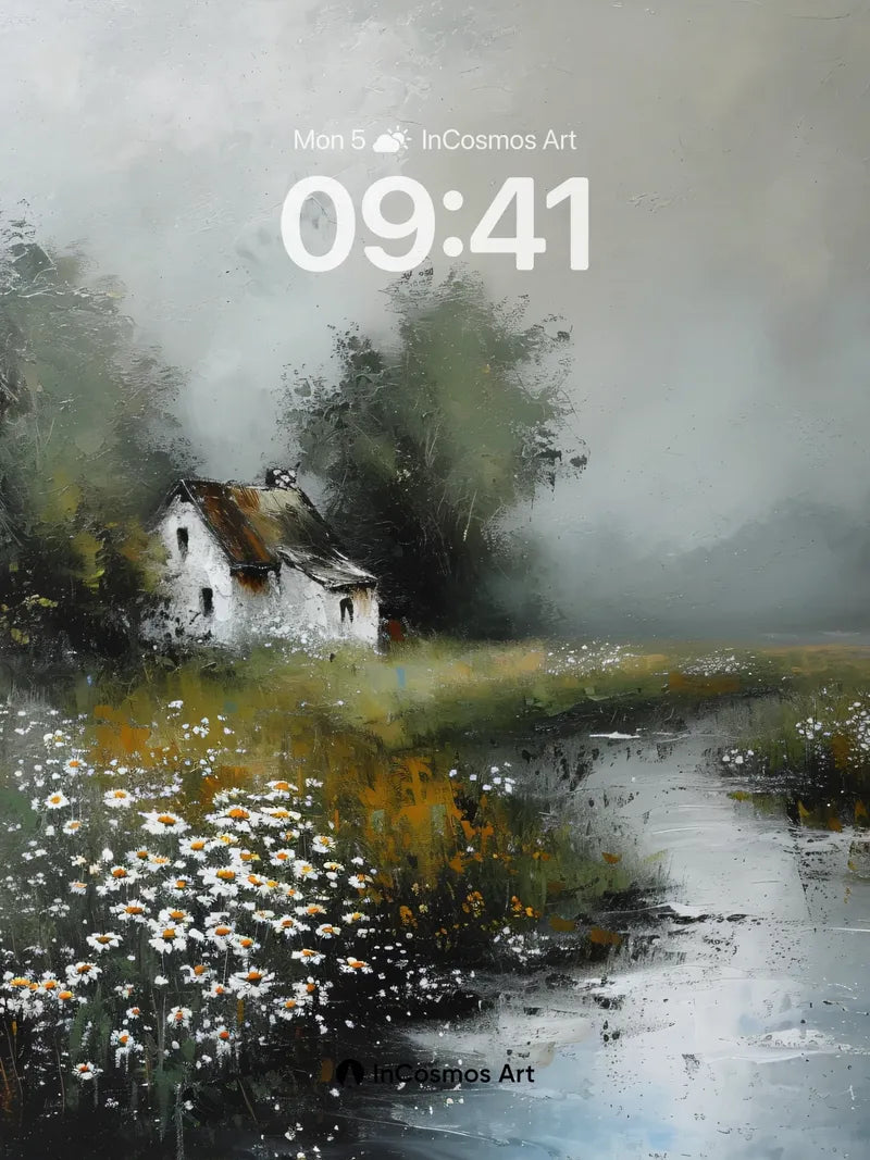 Misty Haven Wallpaper with Daisy Fields