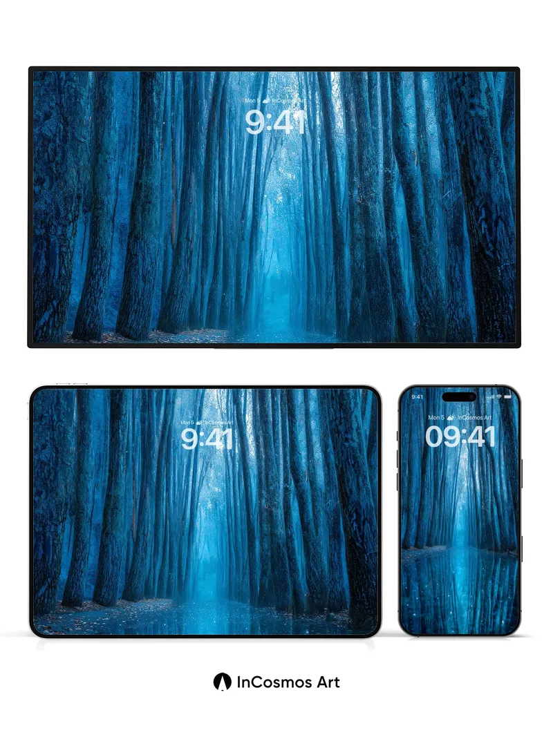 Luminous Forest Wallpaper with Starlight Reflections