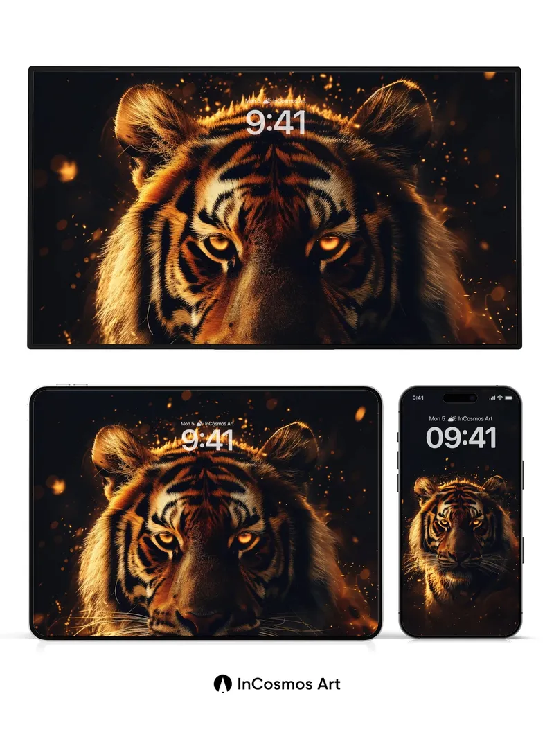 Golden Ember Tiger Wallpaper with Cosmic Dust