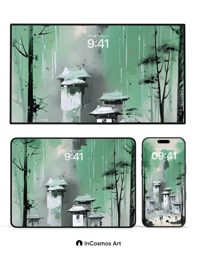 Mist-Cloaked Pagoda Wallpaper with Rain-Slicked Paths