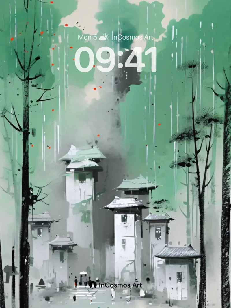 Mist-Cloaked Pagoda Wallpaper with Rain-Slicked Paths