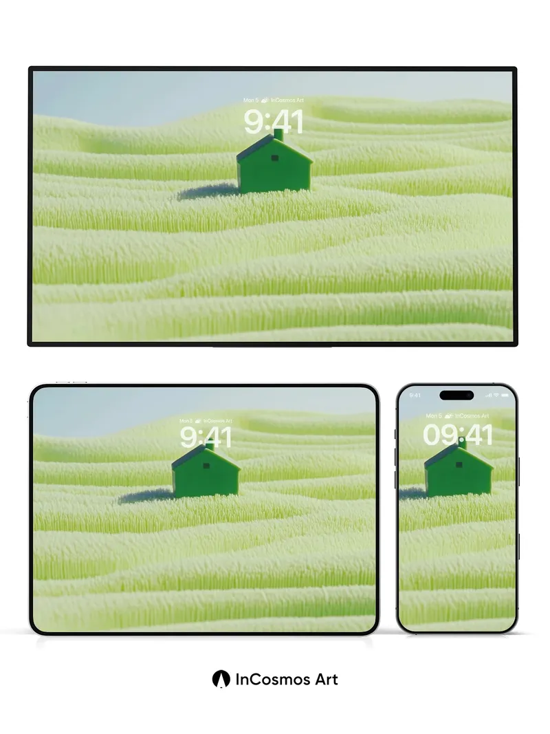 Serenity Meadow Wallpaper with Tiny Green House