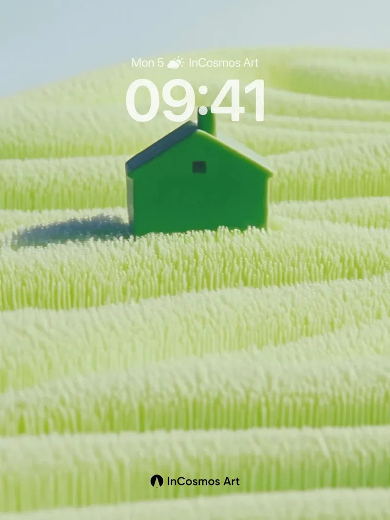 Serenity Meadow Wallpaper with Tiny Green House