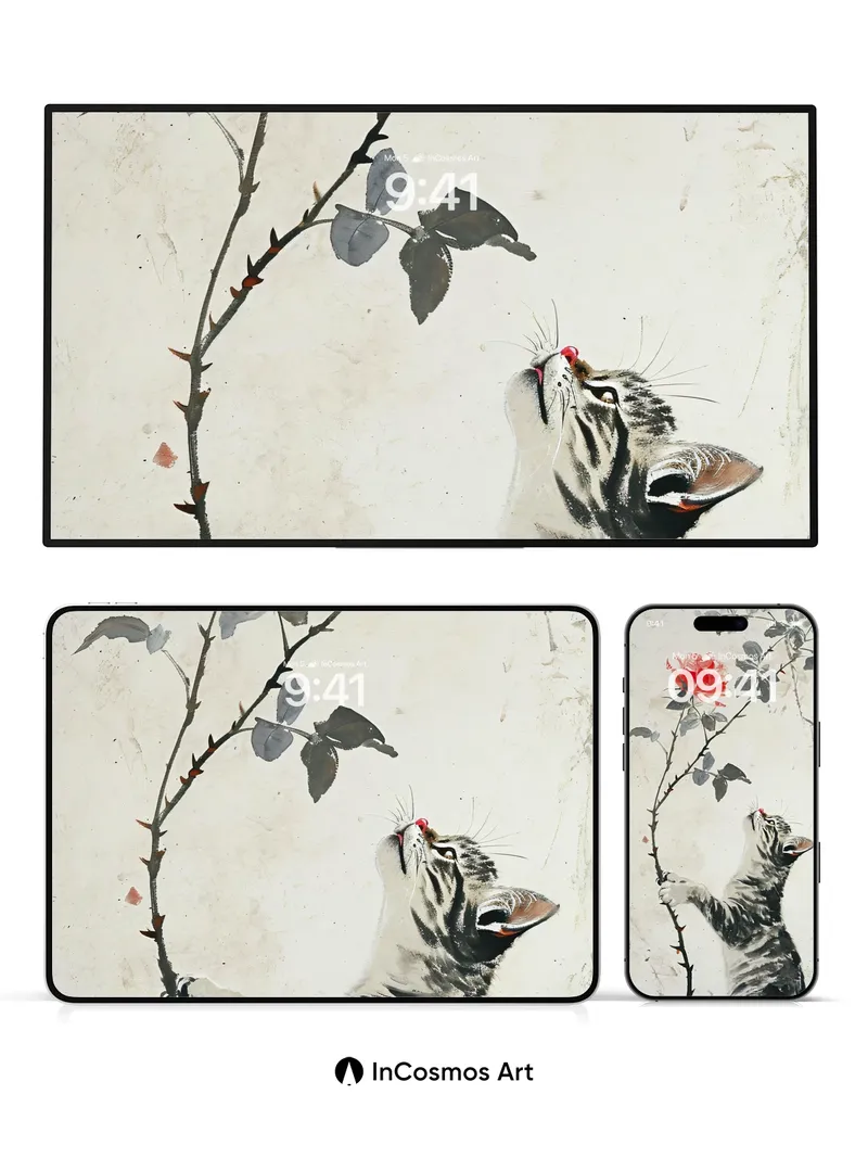 Whiskered Reverie Wallpaper with Ink Bloom