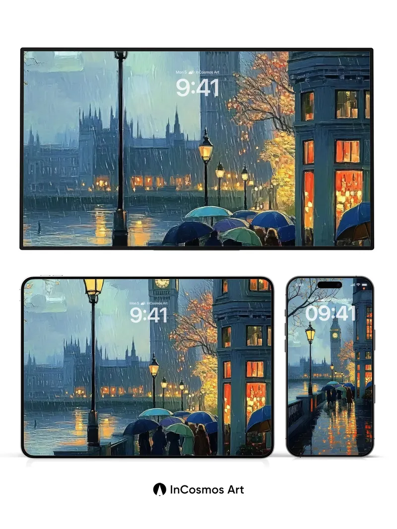 Rainlit London Wallpaper with Clocktower Glow