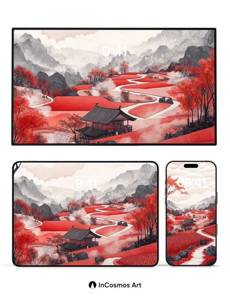 Crimson Valley Wallpaper with Mist-Woven Paths