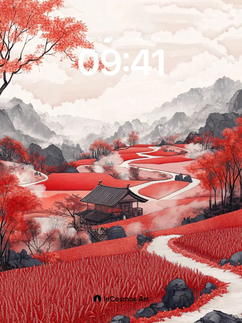 Crimson Valley Wallpaper with Mist-Woven Paths wallpaper for iPhone, iPad & Mac