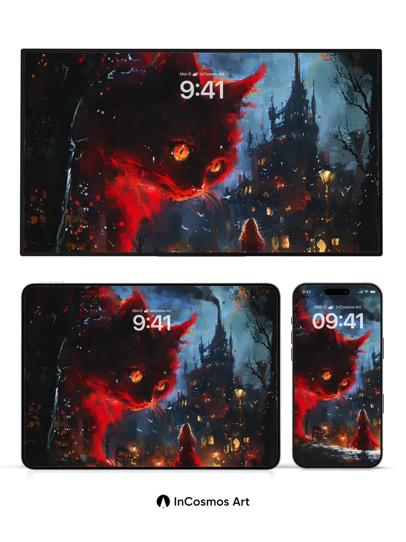 Glowing Ember Cat Wallpaper with Gothic City Veil