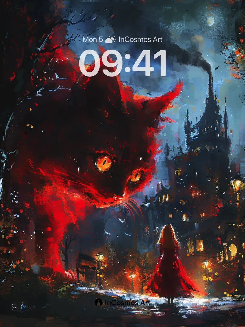 Glowing Ember Cat Wallpaper with Gothic City Veil