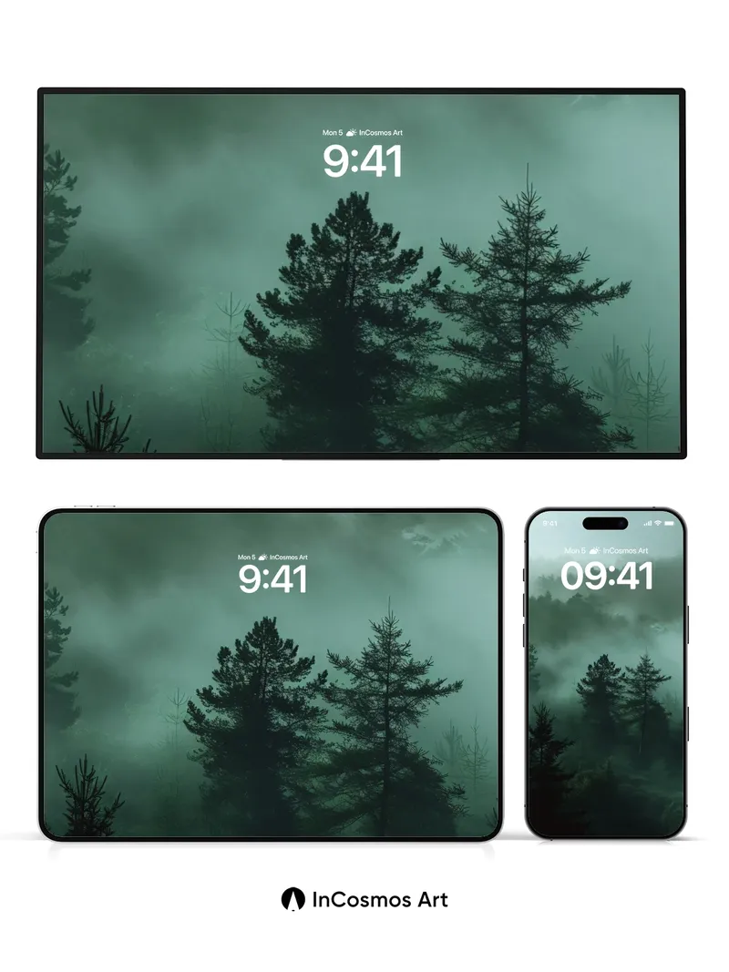 Whispering Mist Wallpaper with Pine Silhouettes