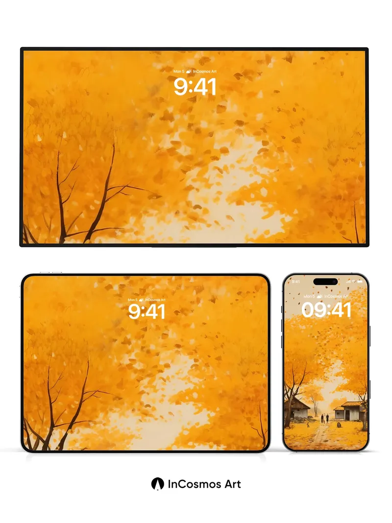 Autumn Hush Wallpaper with Floating Leaves