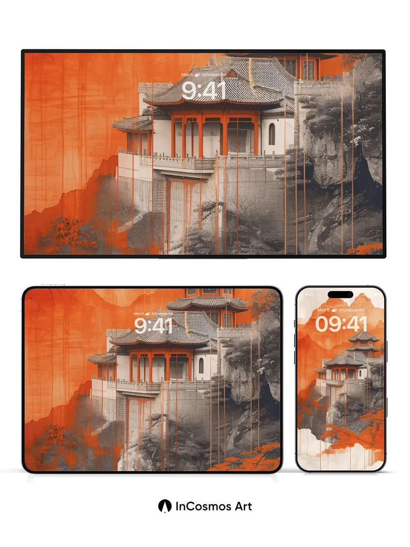 Crimson Mountain Wallpaper with Ink-Dripped Serenity