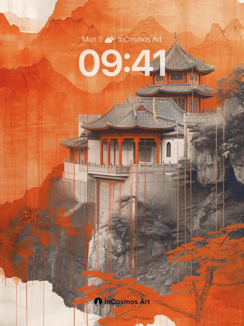 Crimson Mountain Wallpaper with Ink-Dripped Serenity