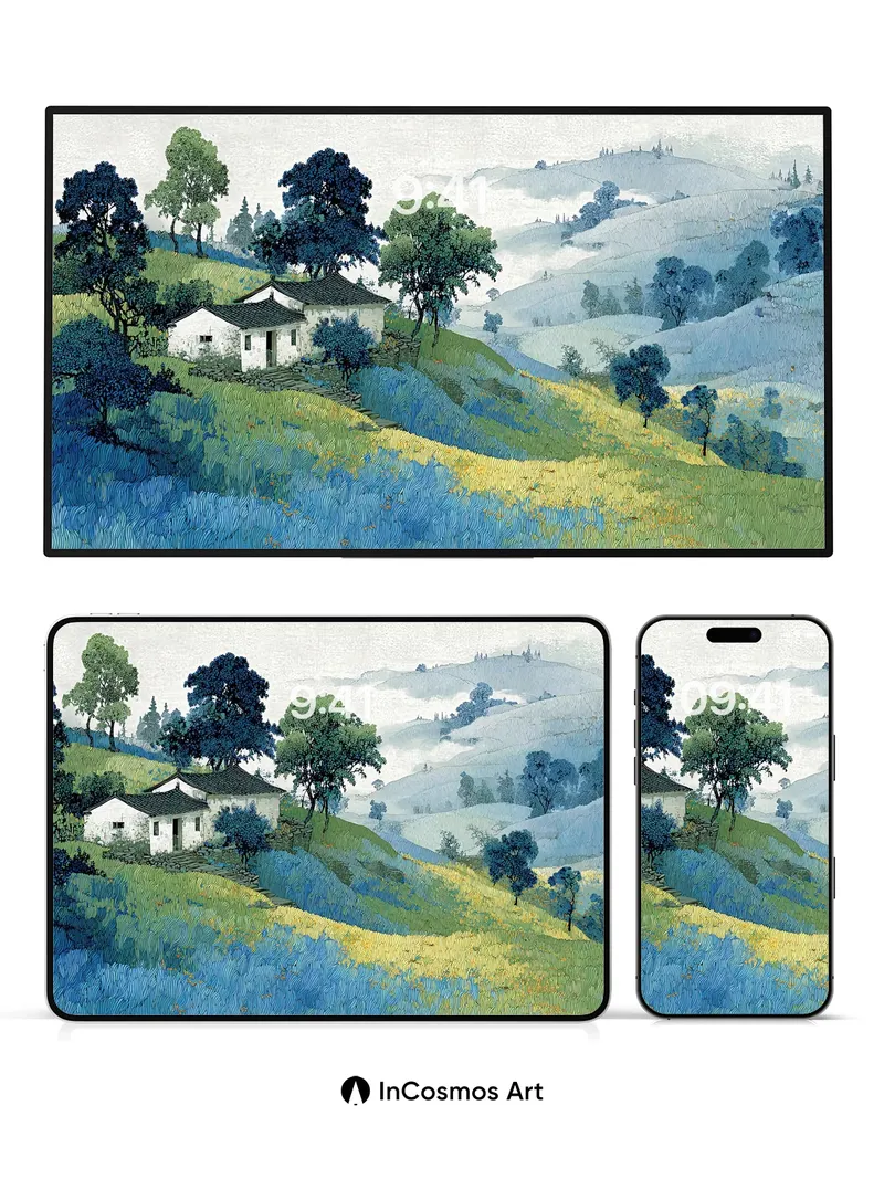 Serenity Hillside Wallpaper with Mist-Covered Valleys