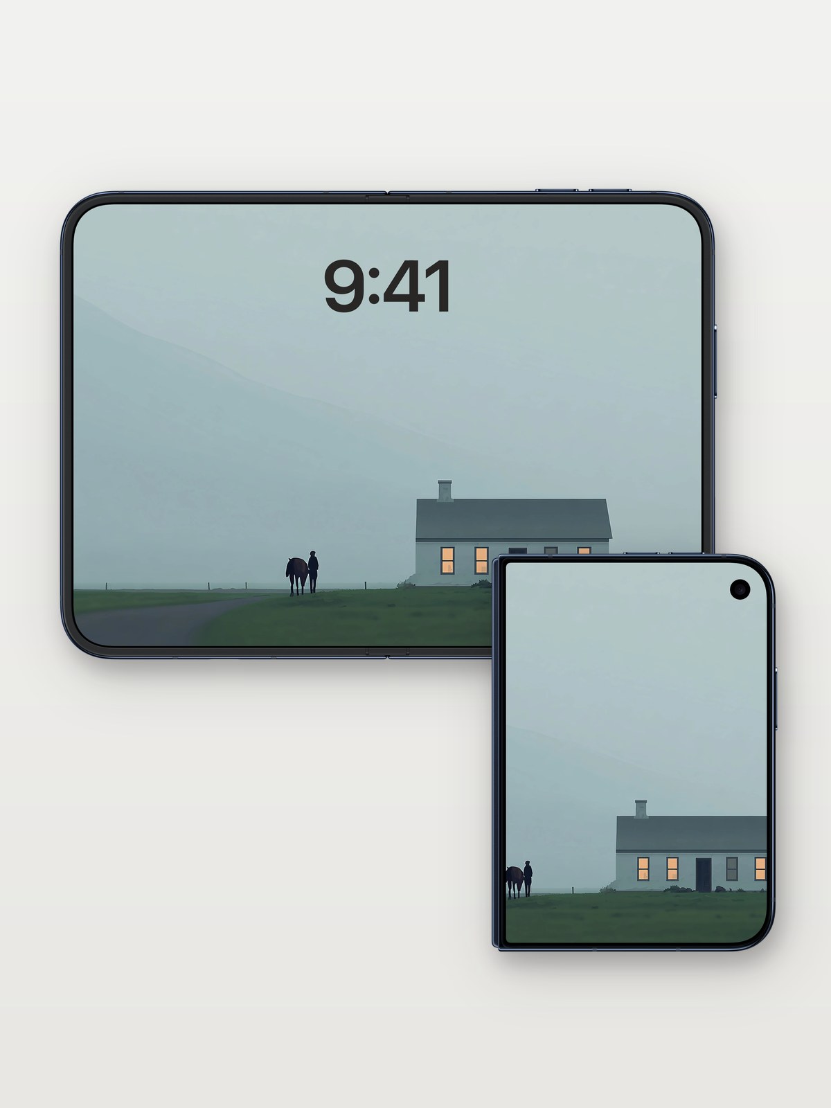 Foggy Mountain Cottage Wallpaper on iPhone Duo, open and closed